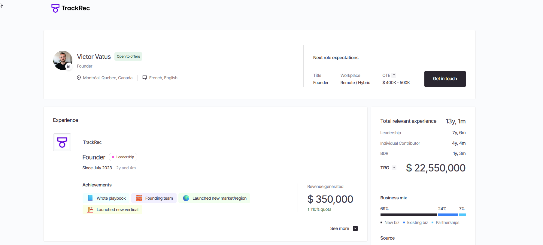 A TrackRec profile showing deal sizes, sales cycles and industries in a structured layout
